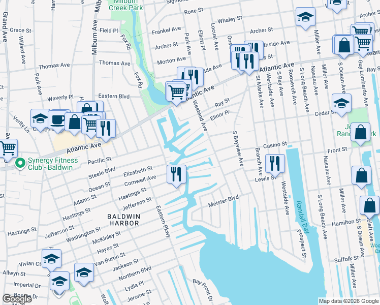 map of restaurants, bars, coffee shops, grocery stores, and more near 49 Dock Drive in Freeport