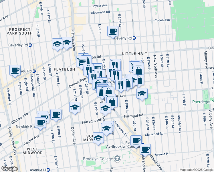 map of restaurants, bars, coffee shops, grocery stores, and more near 2523 Newkirk Avenue in Brooklyn