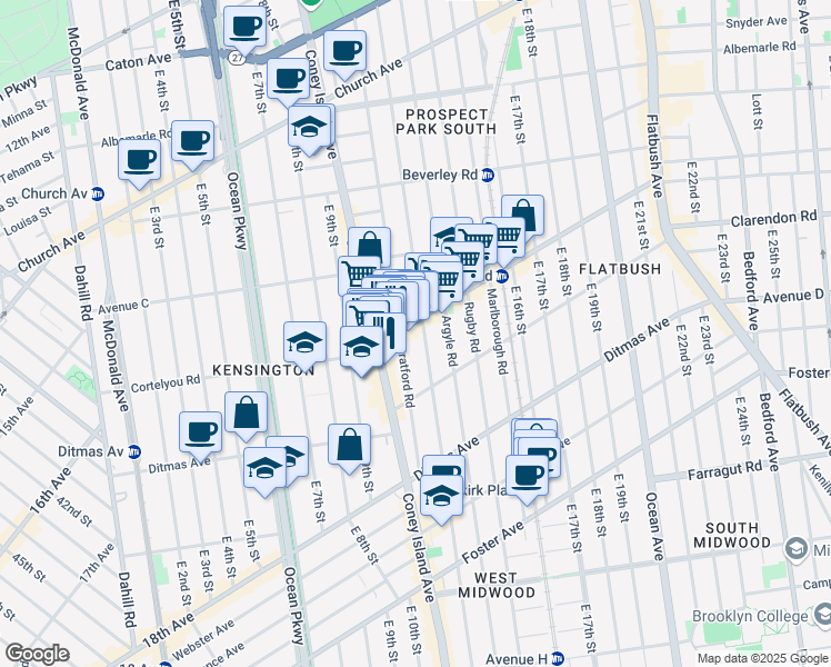map of restaurants, bars, coffee shops, grocery stores, and more near 1022 Cortelyou Road in Brooklyn