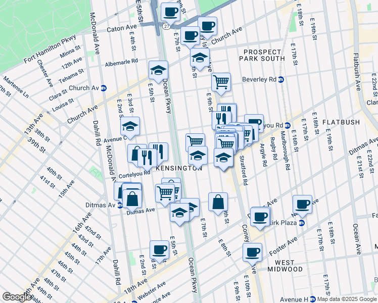 map of restaurants, bars, coffee shops, grocery stores, and more near 387 Ocean Parkway in Brooklyn