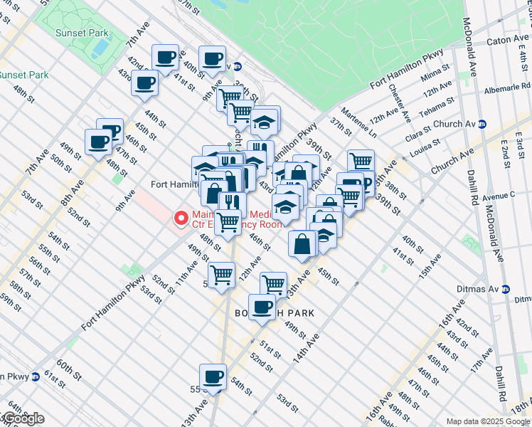 map of restaurants, bars, coffee shops, grocery stores, and more near 1188 44th Street in Brooklyn
