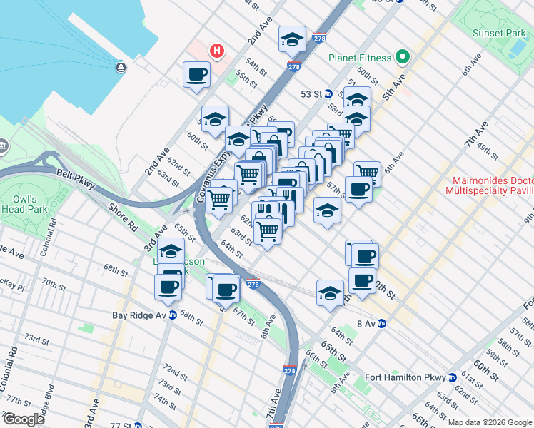 map of restaurants, bars, coffee shops, grocery stores, and more near 455 61st Street in Brooklyn