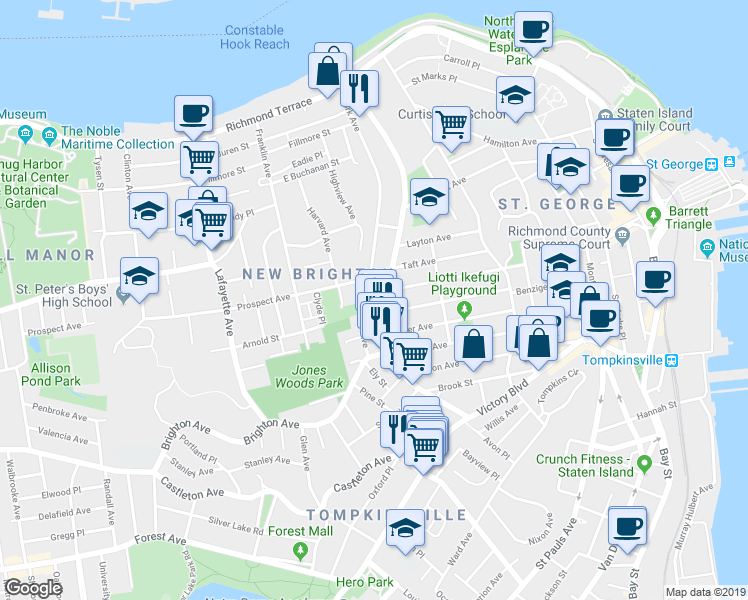 map of restaurants, bars, coffee shops, grocery stores, and more near 281 York Avenue in Staten Island