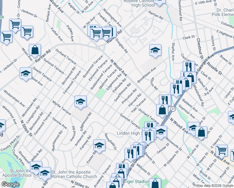 map of restaurants, bars, coffee shops, grocery stores, and more near 1620 Orchard Terrace in Linden