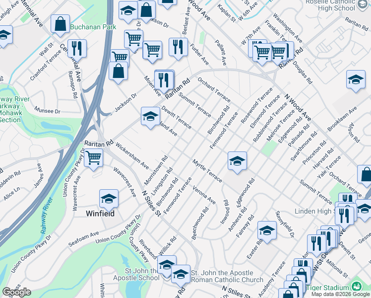 map of restaurants, bars, coffee shops, grocery stores, and more near 2611 Myrtle Terrace in Linden