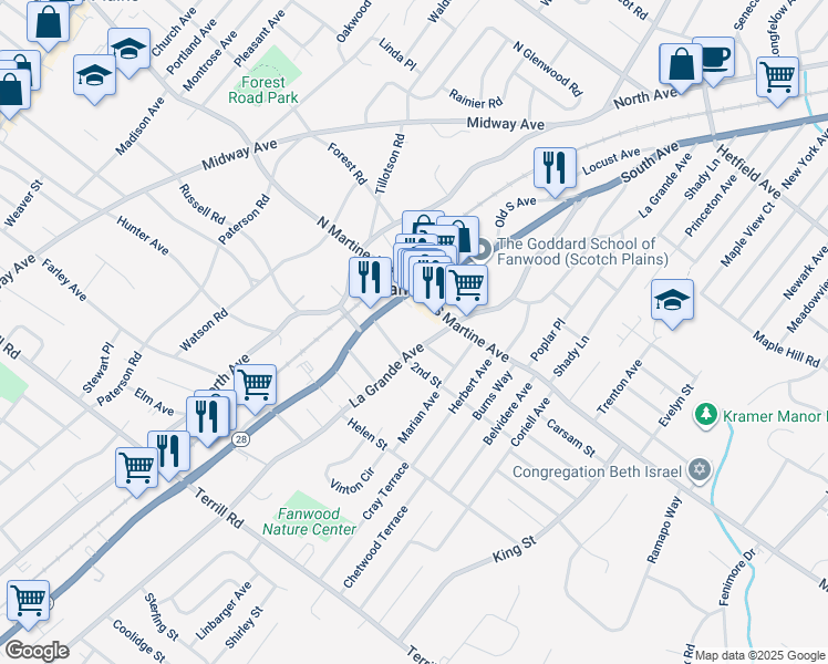 map of restaurants, bars, coffee shops, grocery stores, and more near 233 La Grande Avenue in Fanwood