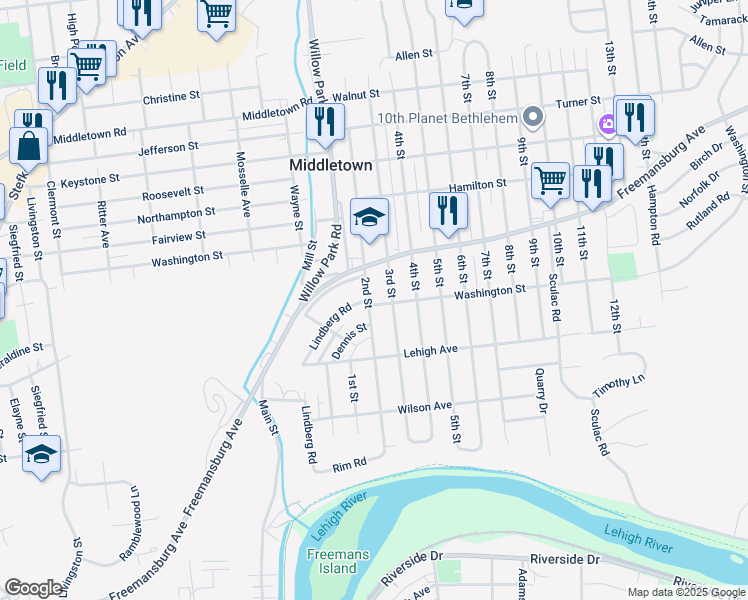map of restaurants, bars, coffee shops, grocery stores, and more near 1702 2nd Street in Bethlehem