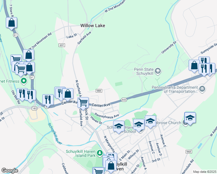 map of restaurants, bars, coffee shops, grocery stores, and more near 36 Center Avenue in Schuylkill Haven