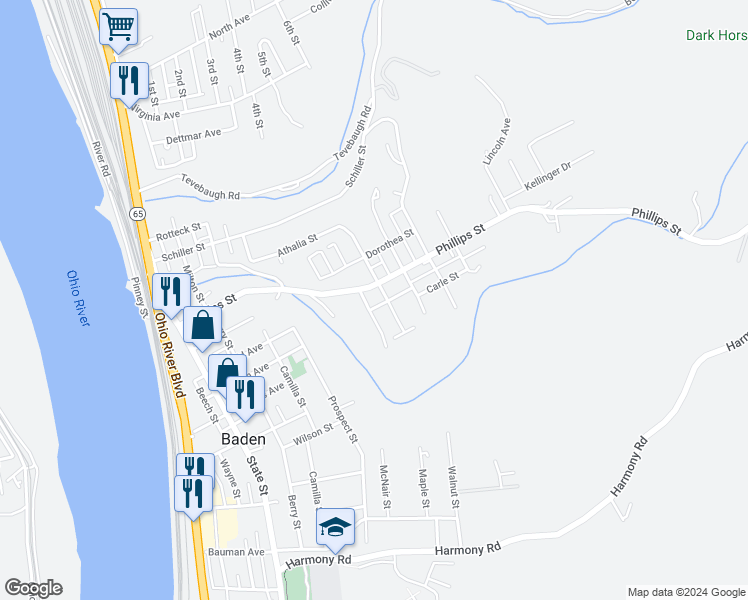 map of restaurants, bars, coffee shops, grocery stores, and more near 443 Murphy Avenue in Baden