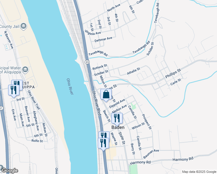 map of restaurants, bars, coffee shops, grocery stores, and more near 516 Phillips Street in Baden