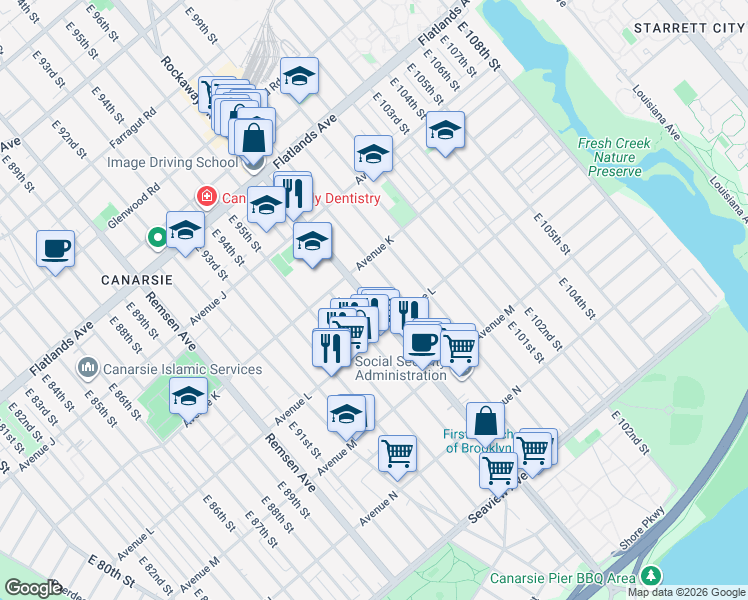 map of restaurants, bars, coffee shops, grocery stores, and more near 1717 Rockaway Parkway in Brooklyn