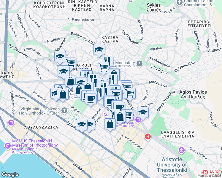 map of restaurants, bars, coffee shops, grocery stores, and more near in Thessaloniki