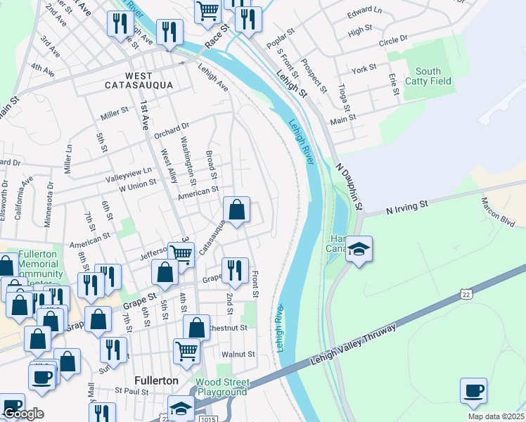 map of restaurants, bars, coffee shops, grocery stores, and more near 1009 Riverview Street in Fullerton