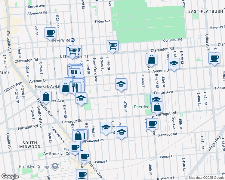 map of restaurants, bars, coffee shops, grocery stores, and more near 629 East 35th Street in Brooklyn