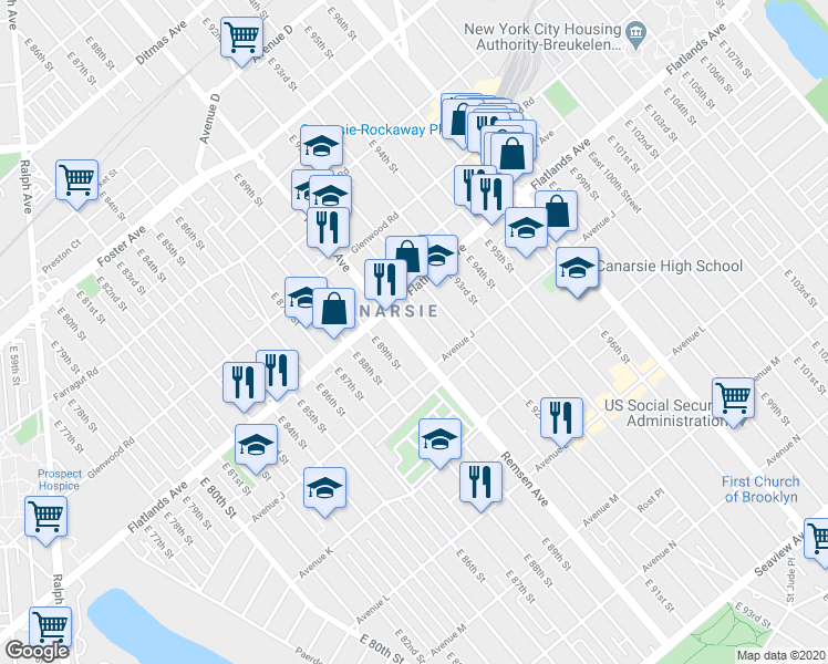 map of restaurants, bars, coffee shops, grocery stores, and more near 1243 Remsen Avenue in Brooklyn