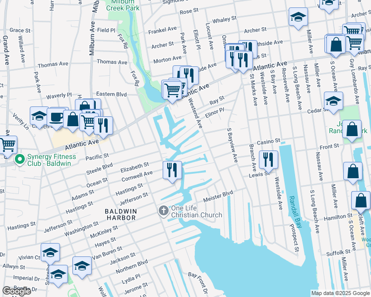 map of restaurants, bars, coffee shops, grocery stores, and more near 49 Dock Drive in Freeport