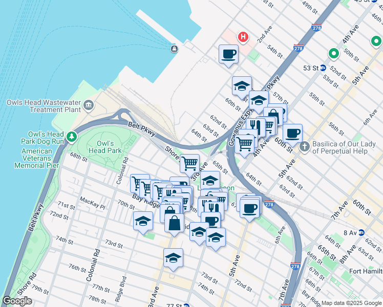 map of restaurants, bars, coffee shops, grocery stores, and more near 260 65th Street in Brooklyn