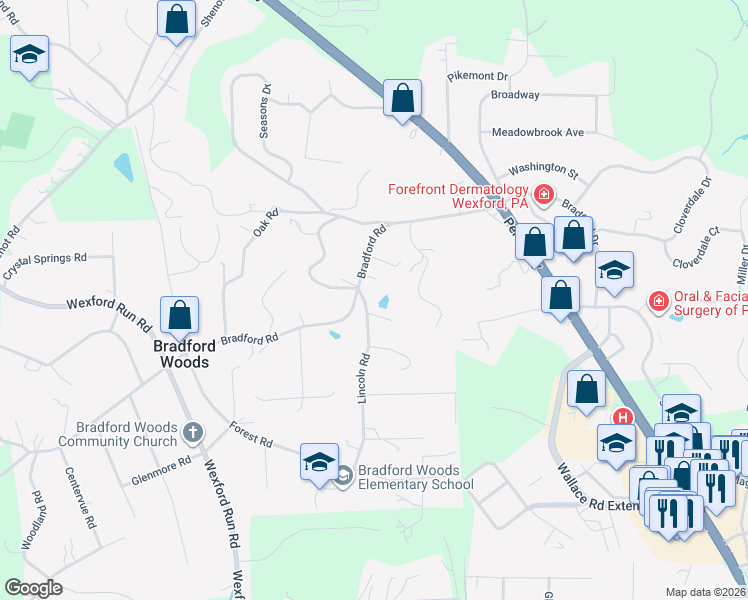 map of restaurants, bars, coffee shops, grocery stores, and more near 601 Lincoln Road in Bradford Woods