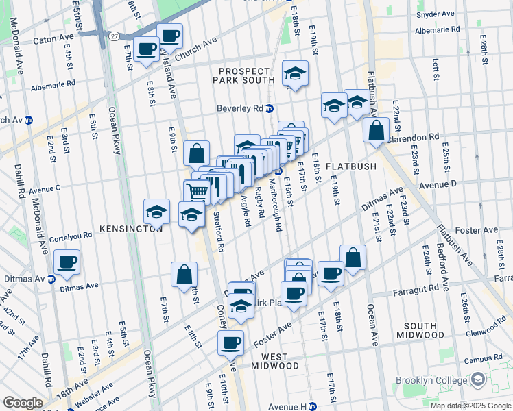 map of restaurants, bars, coffee shops, grocery stores, and more near 400 Rugby Road in Brooklyn
