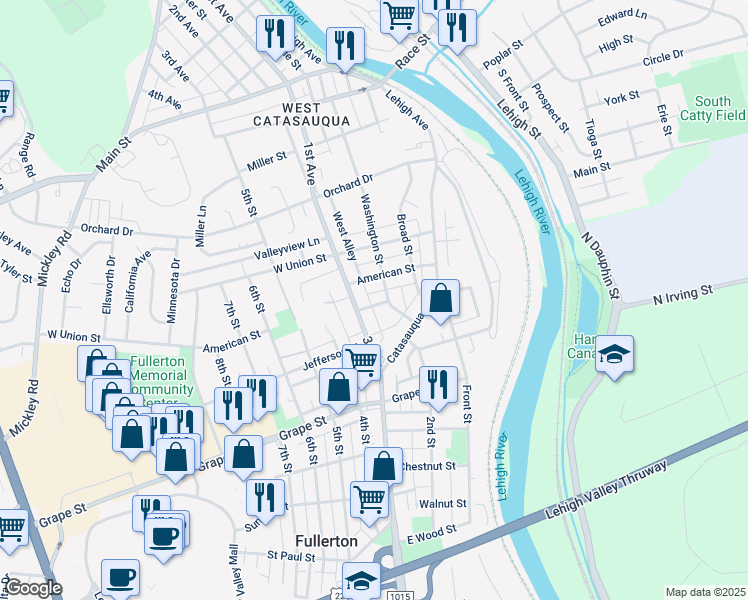 map of restaurants, bars, coffee shops, grocery stores, and more near 213 Center Street in Fullerton