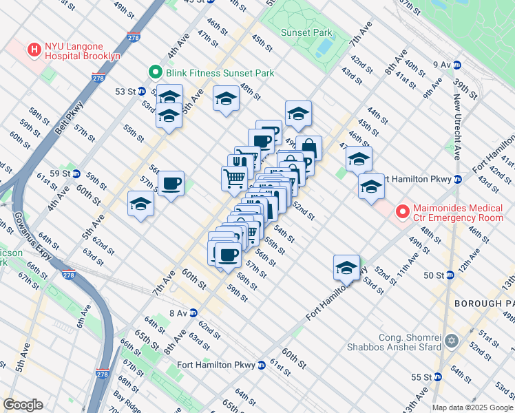 map of restaurants, bars, coffee shops, grocery stores, and more near 751 54th Street in Brooklyn