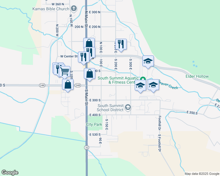 map of restaurants, bars, coffee shops, grocery stores, and more near 158 East 200 South in Kamas