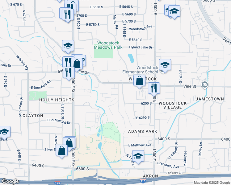 map of restaurants, bars, coffee shops, grocery stores, and more near 1085 East 6165 South in Murray