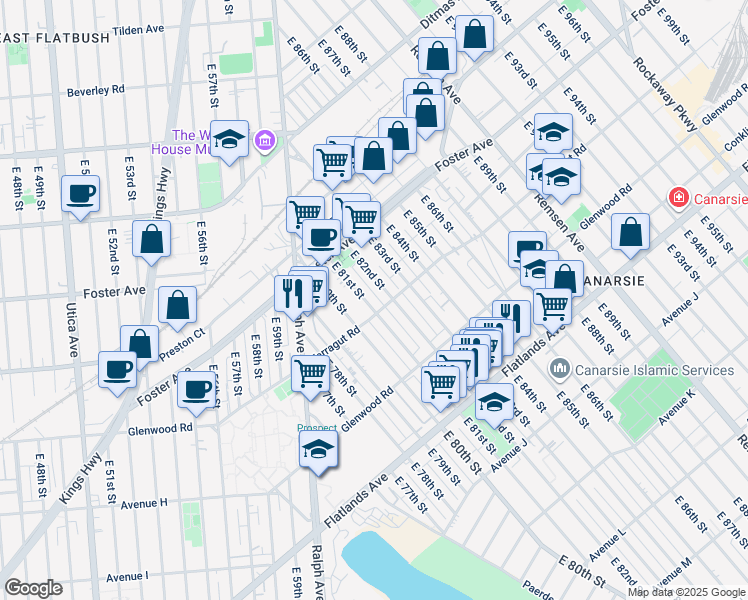 map of restaurants, bars, coffee shops, grocery stores, and more near 589 East 81st Street in Brooklyn