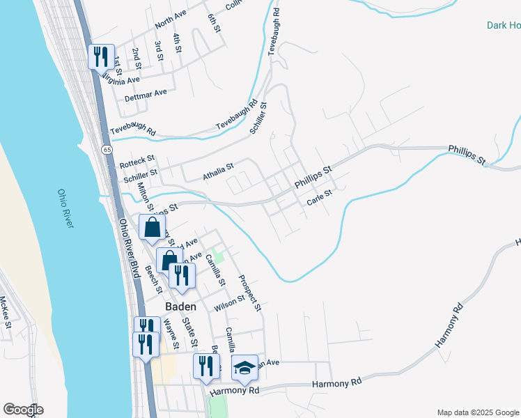 map of restaurants, bars, coffee shops, grocery stores, and more near 443 Murphy Avenue in Baden
