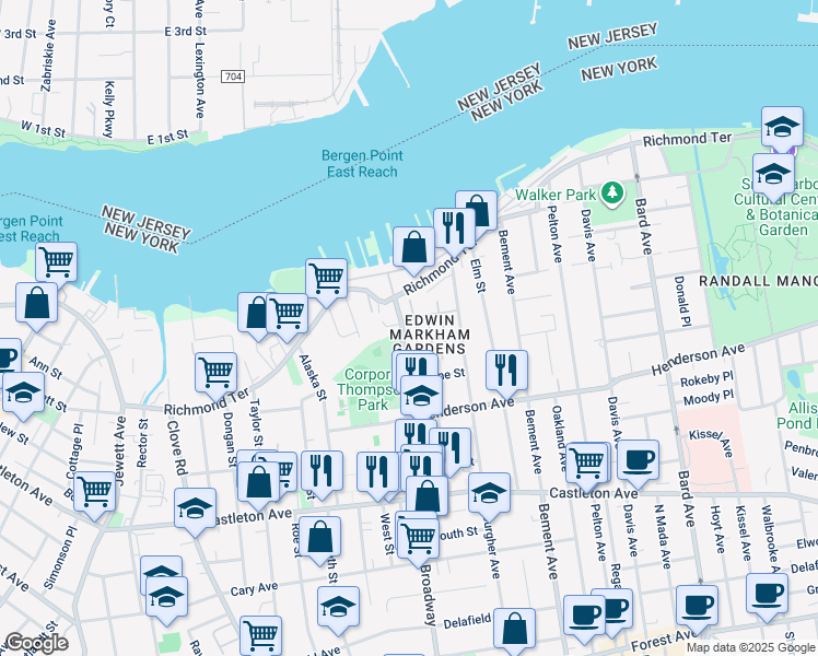 map of restaurants, bars, coffee shops, grocery stores, and more near 71 Broadway in Staten Island