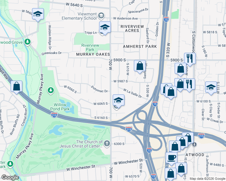 map of restaurants, bars, coffee shops, grocery stores, and more near 709 Potomac Drive in Murray