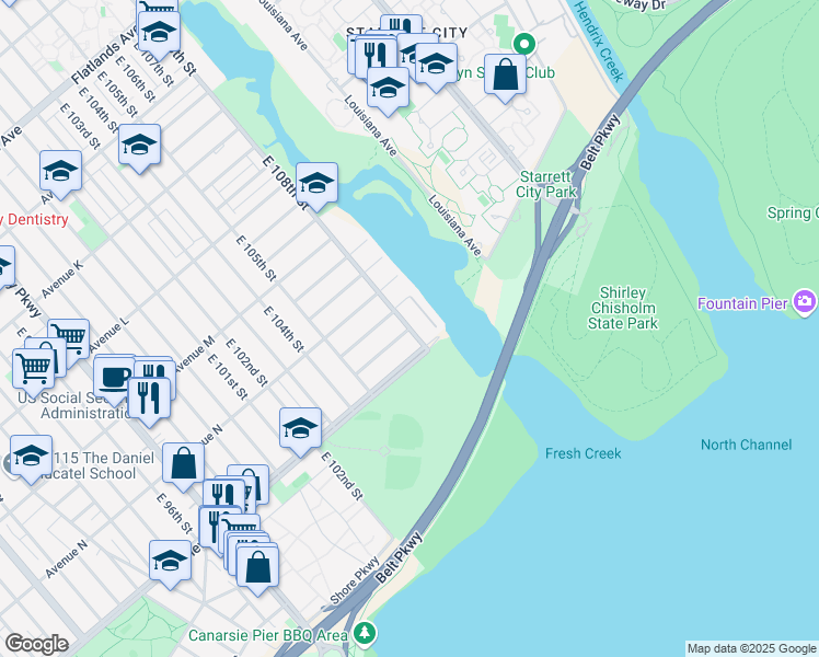 map of restaurants, bars, coffee shops, grocery stores, and more near 1445 East 108th Street in Brooklyn