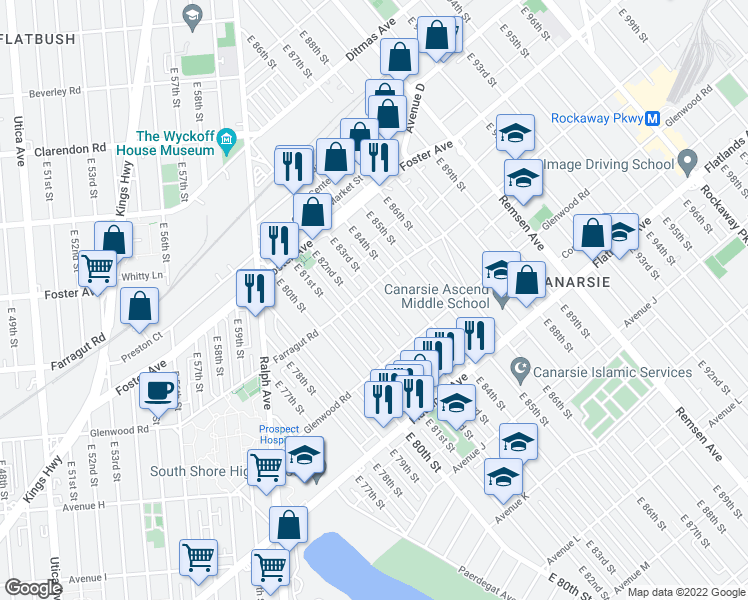 map of restaurants, bars, coffee shops, grocery stores, and more near 616 East 83rd Street in Brooklyn