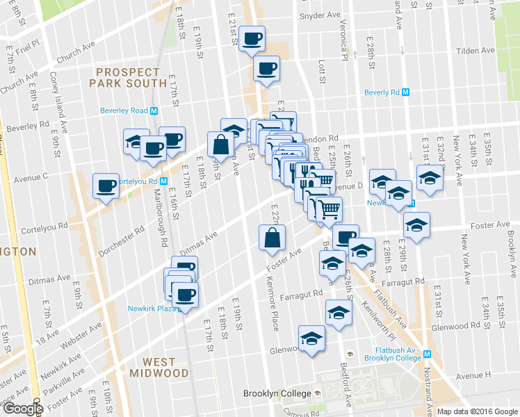 map of restaurants, bars, coffee shops, grocery stores, and more near 589 East 21st Street in Brooklyn