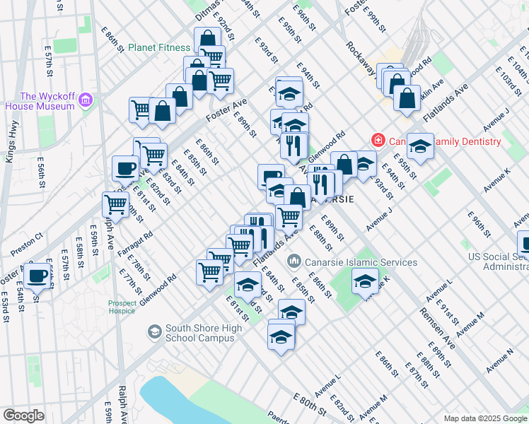 map of restaurants, bars, coffee shops, grocery stores, and more near 751 East 86th Street in Brooklyn
