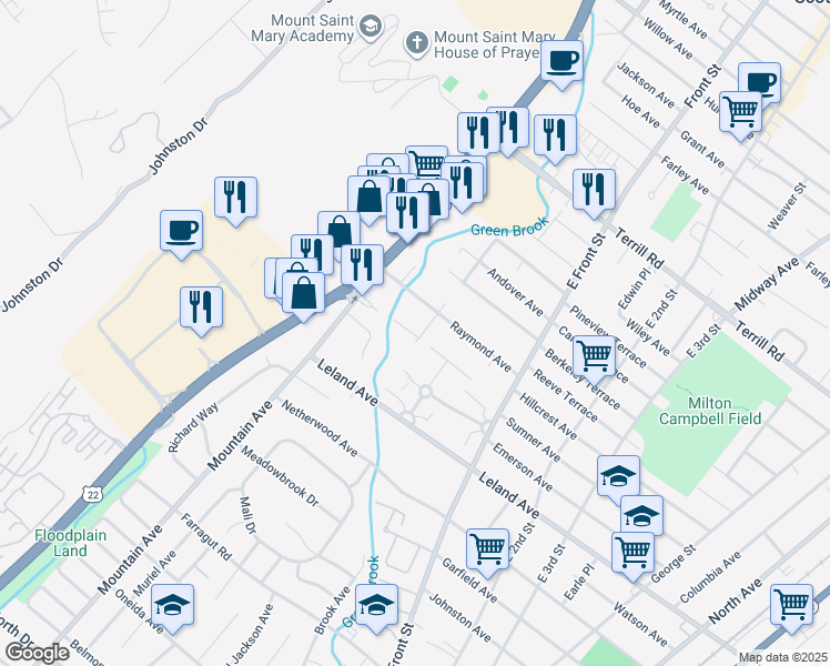 map of restaurants, bars, coffee shops, grocery stores, and more near 1255 Milton Place in Plainfield