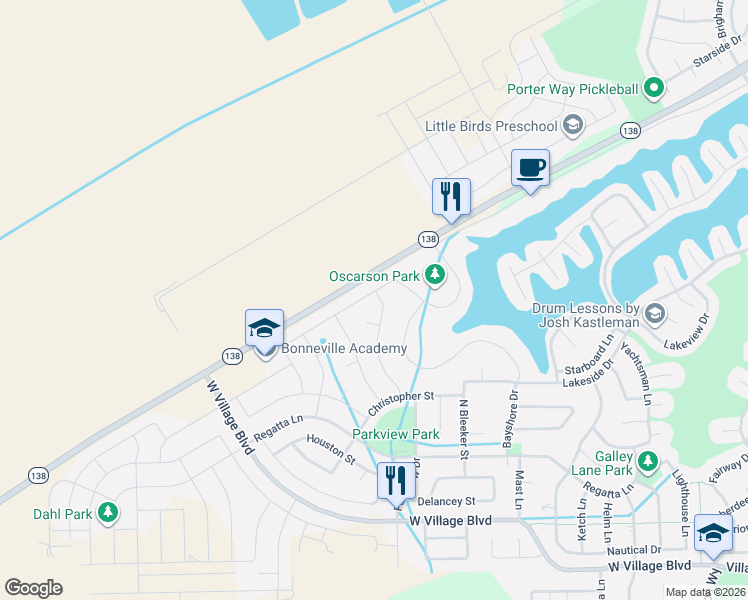 map of restaurants, bars, coffee shops, grocery stores, and more near 593 Fireside Lane in Stansbury Park