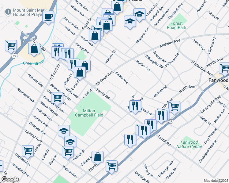 map of restaurants, bars, coffee shops, grocery stores, and more near 16 Mary Ln in Fanwood