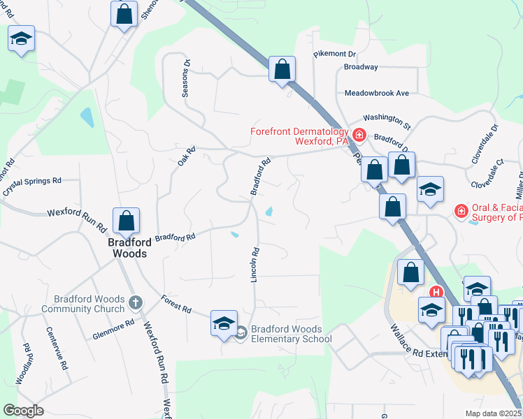map of restaurants, bars, coffee shops, grocery stores, and more near 601 Lincoln Rd in Bradford Woods
