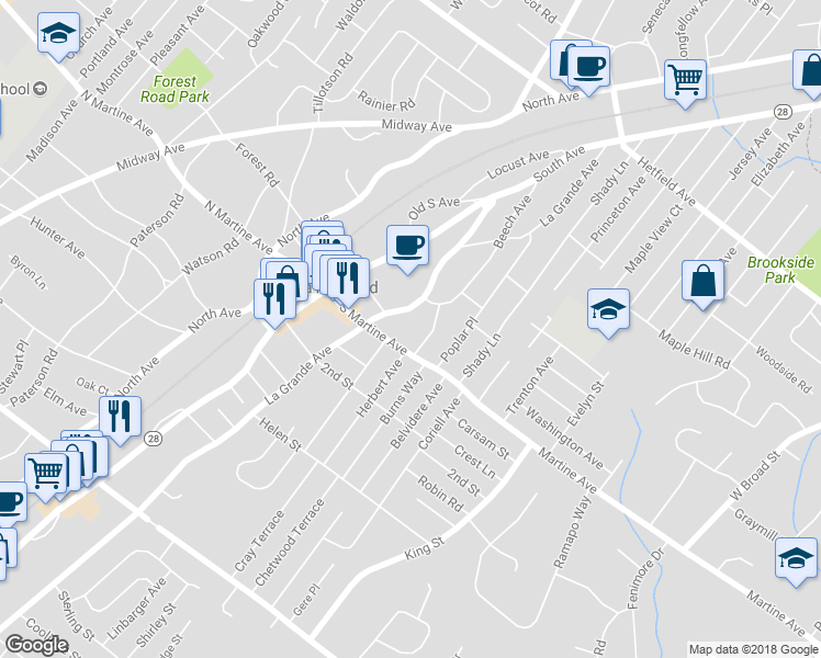 map of restaurants, bars, coffee shops, grocery stores, and more near 99 South Martine Avenue in Fanwood
