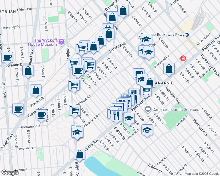 map of restaurants, bars, coffee shops, grocery stores, and more near 630 East 83rd Street in Brooklyn