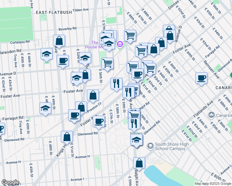 map of restaurants, bars, coffee shops, grocery stores, and more near 5710 Preston Court in Brooklyn