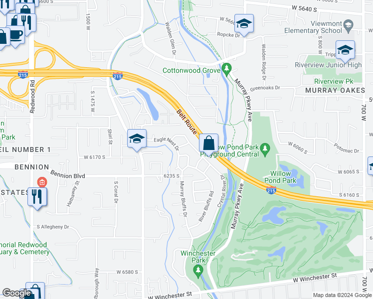 map of restaurants, bars, coffee shops, grocery stores, and more near 1192 Raton Lane in Murray
