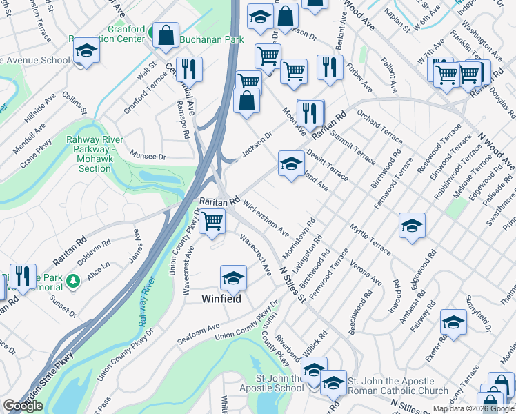 map of restaurants, bars, coffee shops, grocery stores, and more near 2830 Wickersham Avenue in Linden
