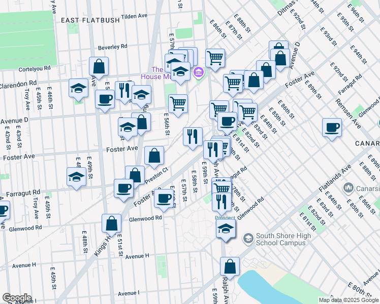 map of restaurants, bars, coffee shops, grocery stores, and more near 5710 Preston Court in Brooklyn