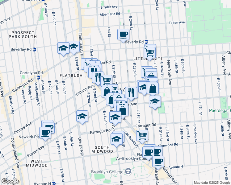 map of restaurants, bars, coffee shops, grocery stores, and more near Newkirk Ave & E 25th St in Brooklyn