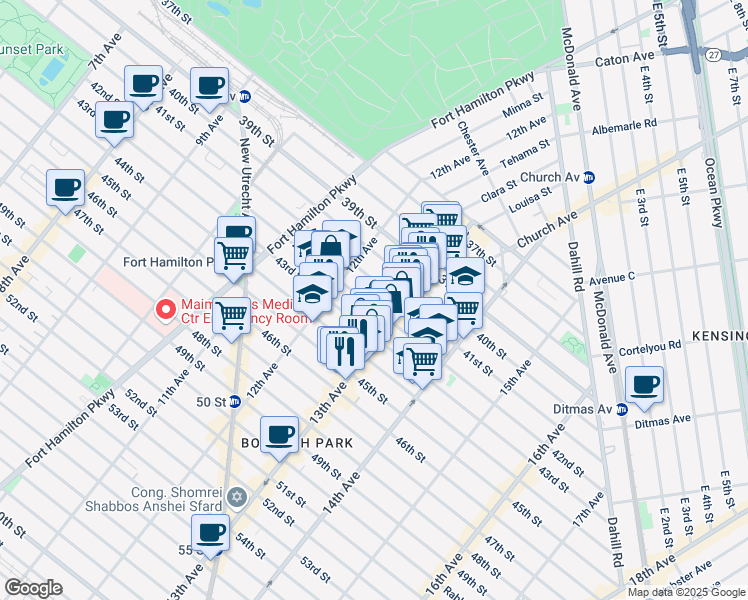 map of restaurants, bars, coffee shops, grocery stores, and more near 1249 42nd Street in Brooklyn