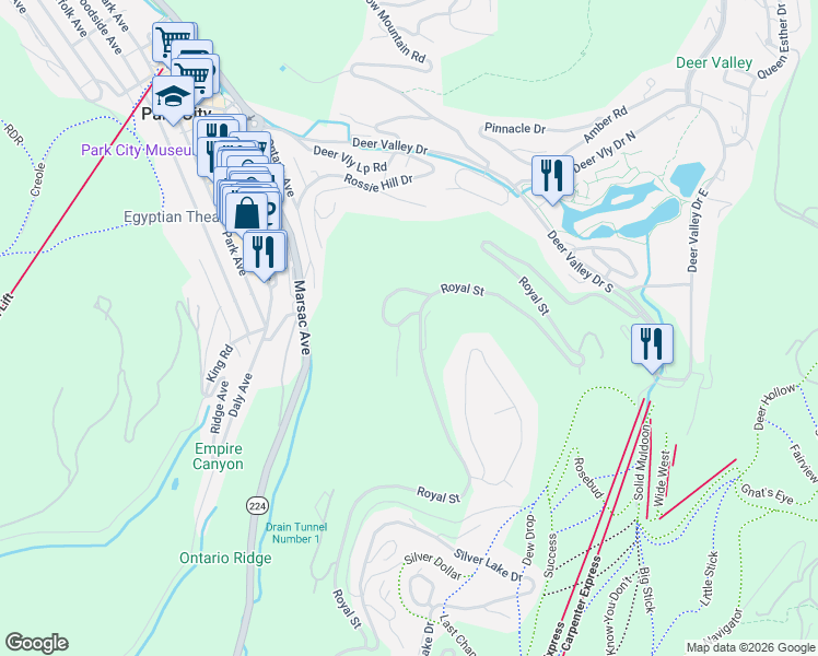 map of restaurants, bars, coffee shops, grocery stores, and more near 242 Golden Eagle Drive in Park City