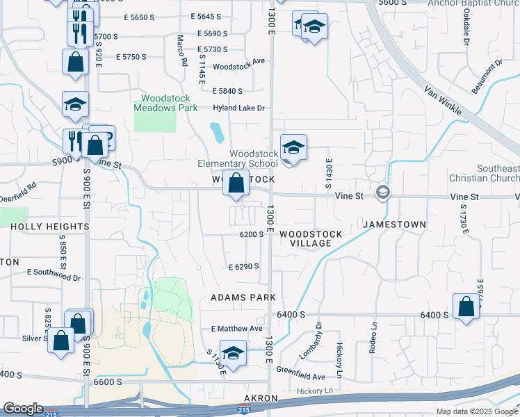 map of restaurants, bars, coffee shops, grocery stores, and more near 1290 East Vine Gate Drive in Murray
