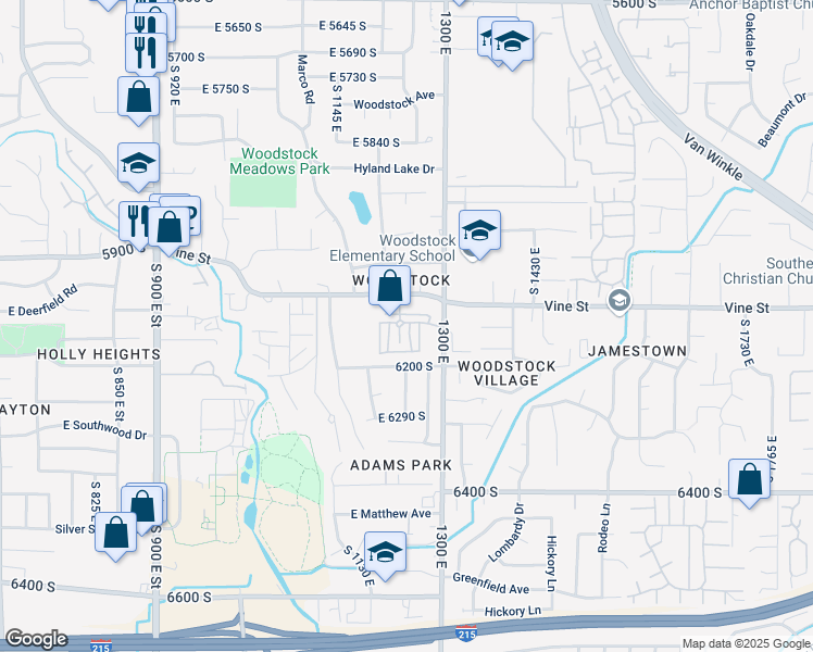 map of restaurants, bars, coffee shops, grocery stores, and more near 6140 Vine Park Drive in Murray